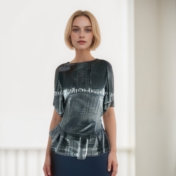 VINTAGE 80S METALLIC LUREX PEPLUM DRESS SZ L XL - Picture 2 of 10